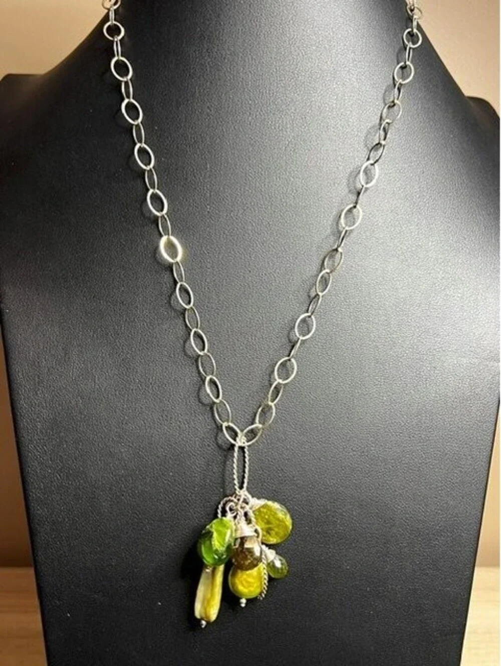 B6566 Sterling Silver Peridot Baroque Pearl Cluster Pendant Necklace 16.5g 20